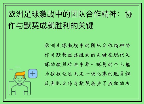 欧洲足球激战中的团队合作精神：协作与默契成就胜利的关键