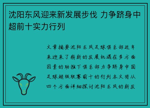 沈阳东风迎来新发展步伐 力争跻身中超前十实力行列