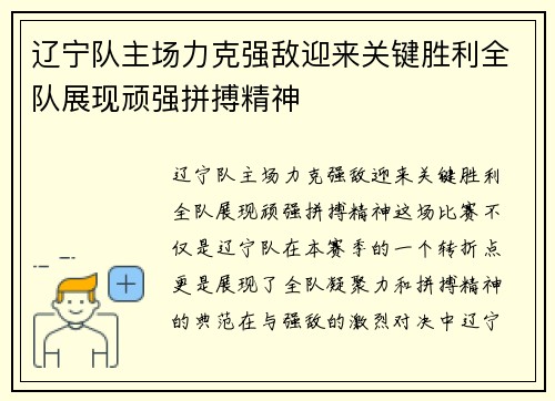 辽宁队主场力克强敌迎来关键胜利全队展现顽强拼搏精神