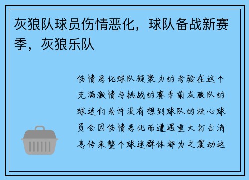 灰狼队球员伤情恶化，球队备战新赛季，灰狼乐队