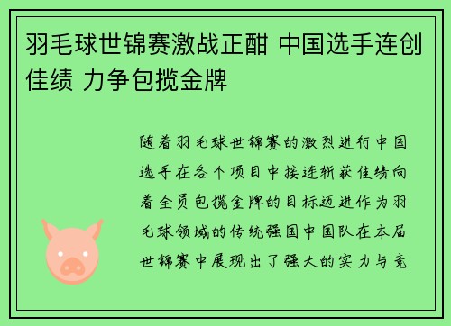 羽毛球世锦赛激战正酣 中国选手连创佳绩 力争包揽金牌